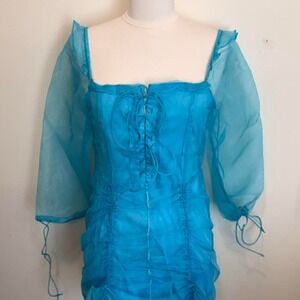 Blue Sheer Lace-Up Ruched Mini Dress💎✨